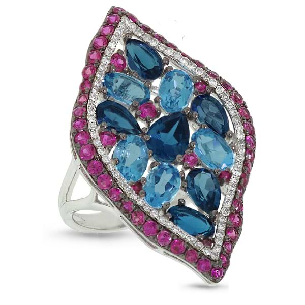 0.30ct Diamond & 7.71ct Blue & London Blue Topaz & Pink Sapphire 14k White Gold Ring