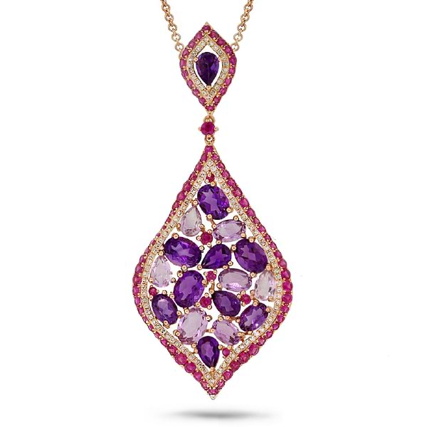 0.56ct Diamond & 11.00ct Amethyst & Pink Sapphire 14k Rose Gold Pendant Necklace