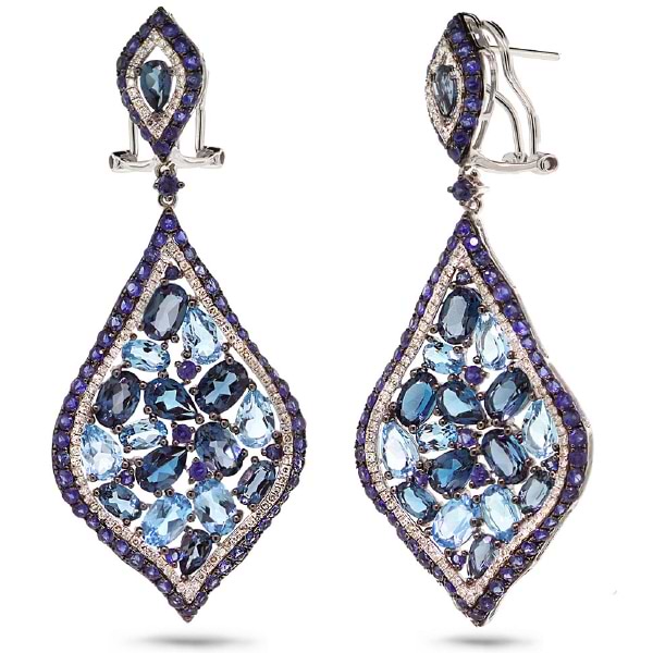 0.80ct Diamond & 18.91ct Blue & London Blue Topaz & Blue Sapphire 14k White Gold Earrings