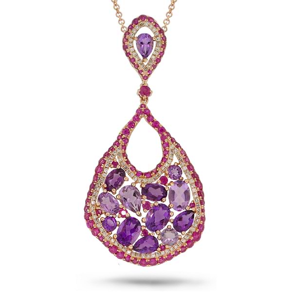 0.53ct Diamond & 8.27ct Amethyst & Pink Sapphire 14k Rose Gold Pendant Necklace