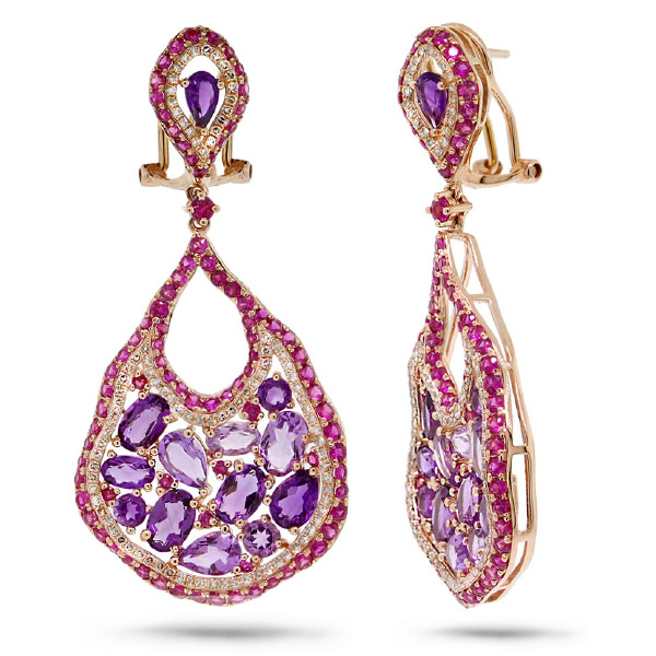 0.80ct Diamond & 6.84ct Amethyst & Pink Sapphire 14k Rose Gold Earrings