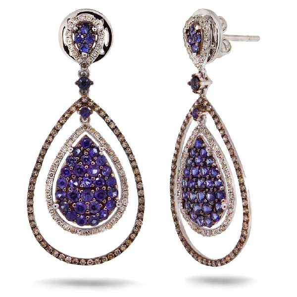 0.95ct White & Champagne Diamond & 1.63ct Blue Sapphire 14k White Gold Earrings