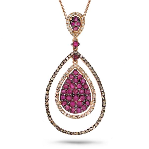 0.63ct White & Champagne Diamond & 1.12ct Ruby 14k Rose Gold Pendant Necklace
