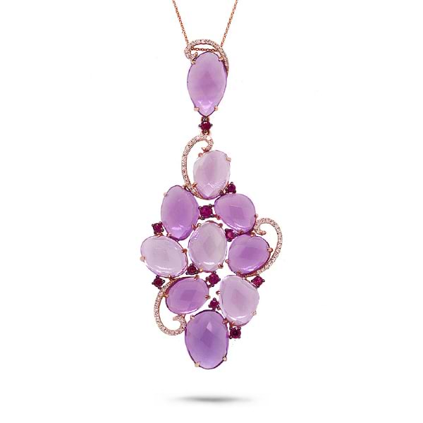 0.27ct Diamond & 25.93ct Amethyst & Pink Sapphire 14k Rose Gold Pendant Necklace