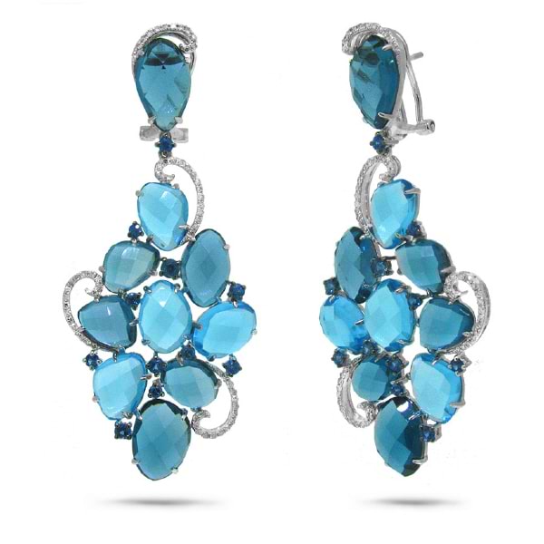 0.49ct Diamond & 48.63ct Blue & London Blue Topaz & Blue Sapphire 14k White Gold Earrings