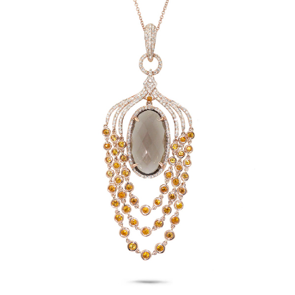 0.80ct Diamond & 10.89ct Smokey Topaz & Yellow Sapphire 14k Rose Gold Pendant Necklace