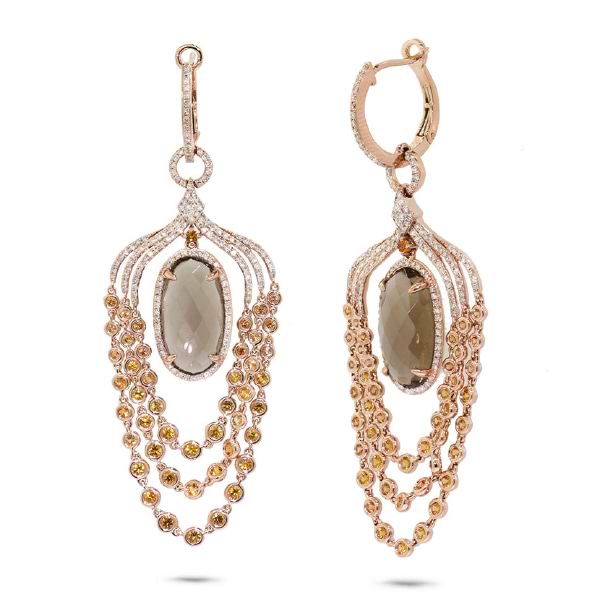 1.09ct Diamond & 12.83ct Smokey Topaz & Yellow Sapphire 14k Rose Gold Earrings