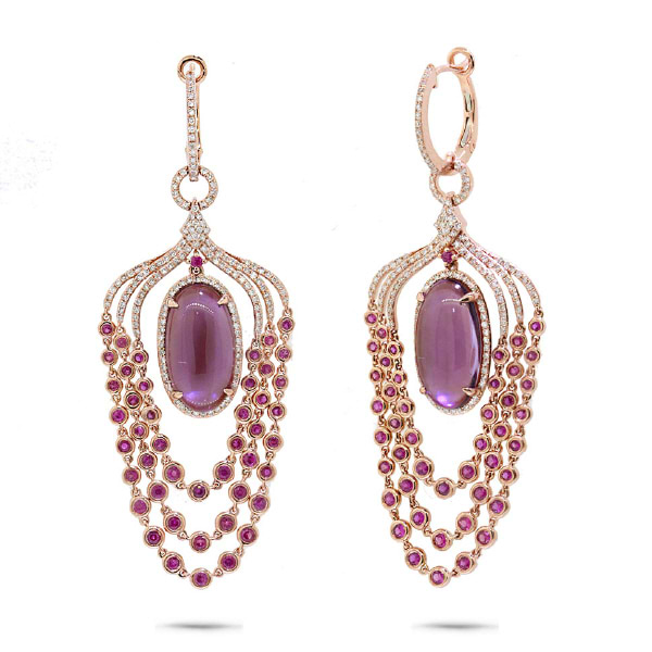 1.09ct Diamond & 14.91ct Amethyst, Pink Sapphire & Pink Pearl 14k Rose Gold Earrings
