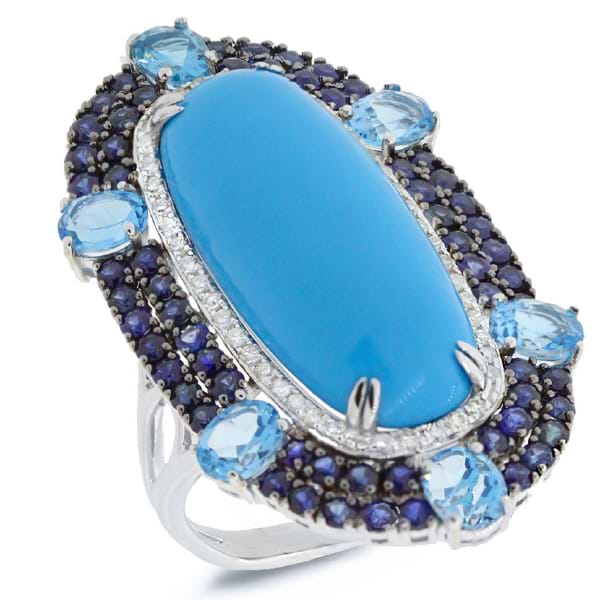0.32ct Diamond & 15.73ct Composite Turquoise, Blue Sapphire & Blue Topaz 14k White Gold Ring