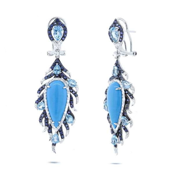 0.75ct Diamond & 11.58ct Composite Turquoise, Blue Sapphire & Blue Topaz 14k White Gold Earrings