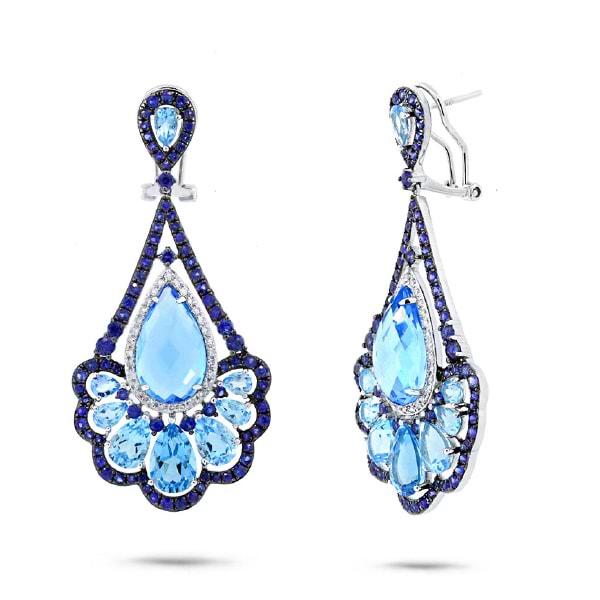 0.33ct Diamond & 20.93ct Blue Sapphire & Blue Topaz 14k White Gold Earrings