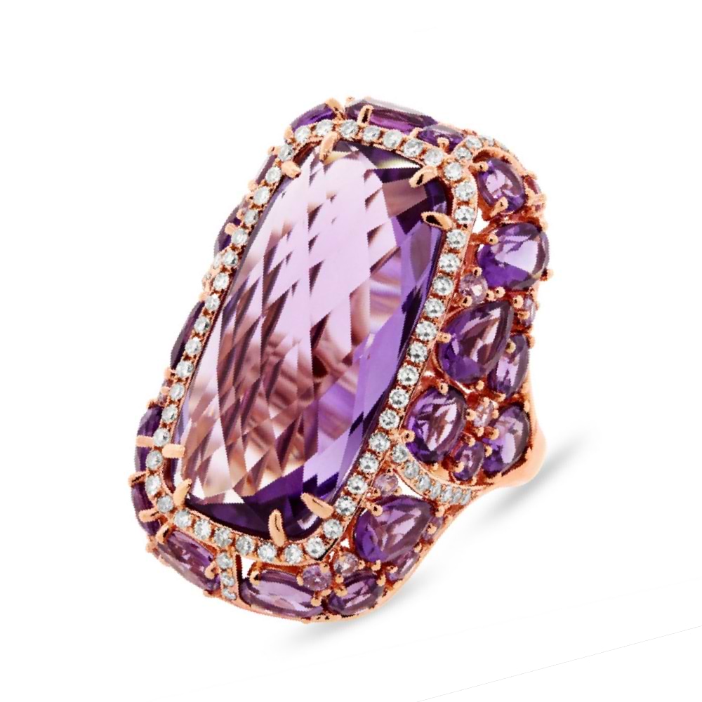 0.56ct Diamond & 20.84ct Amethyst & Purple Sapphire 14k Rose Gold Ring
