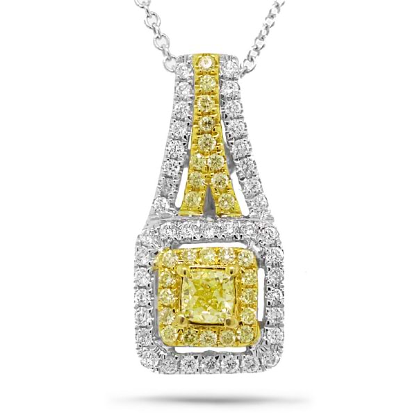 0.71ct 18k Two-tone Gold Cushion Shape Natural Fancy Yellow Diamond Pendant Necklace