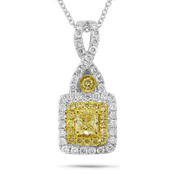 0.28ct Cushion Cut Center And 0.42ct Side 18k Two-tone Gold Natural Yellow Diamond Pendant Necklace