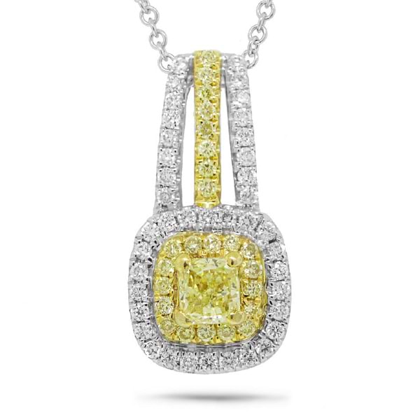 0.48ct 14k Two-tone Gold Cushion Shape Natural Fancy Yellow Diamond Pendant Necklace