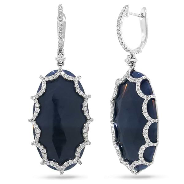1.12ct Diamond & 42.59ct Flat Rose Cut Blue Sapphire 18k White Gold Earrings