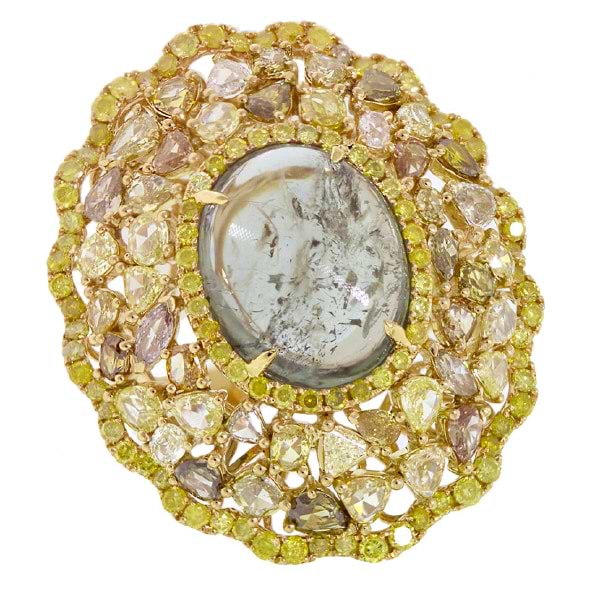 4.59ct Fancy Color Diamond & 8.39ct Green Tourmaline 18k Yellow Gold Ring