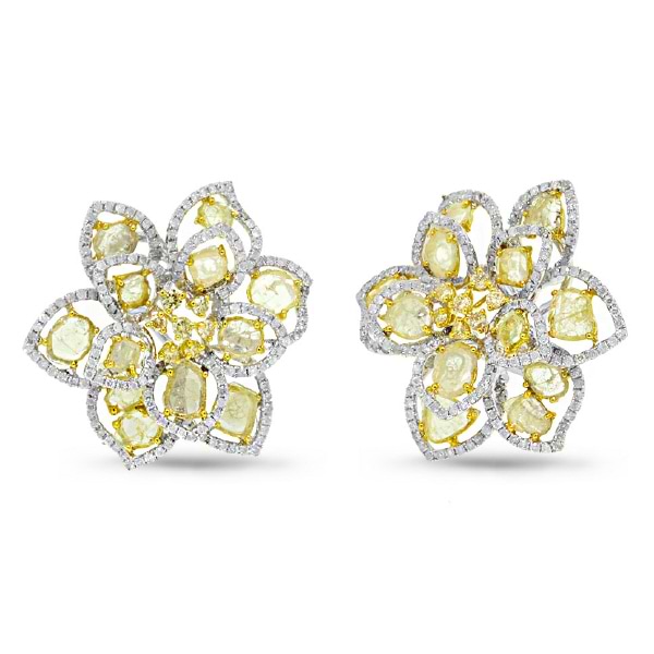 7.75ct 18k Two-tone Gold White & Fancy Color Diamond Flower Earrings
