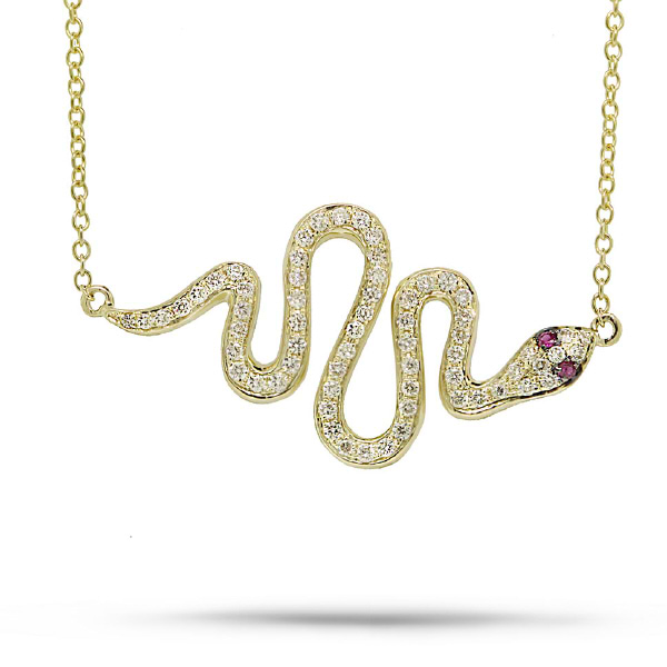 0.31ct Diamond & 0.02ct Ruby 14k Yellow Gold Snake Necklace