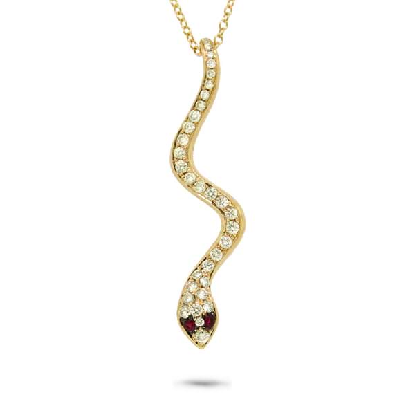 0.31ct Diamond & 0.03ct Ruby 14k Yellow Gold Snake Pendant Necklace