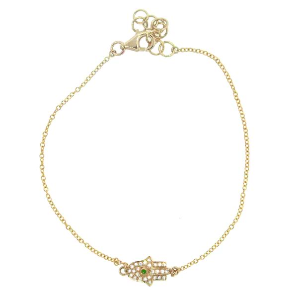 0.08ct Diamond & 0.01ct Emerald 14k Yellow Gold Hamsa Bracelet