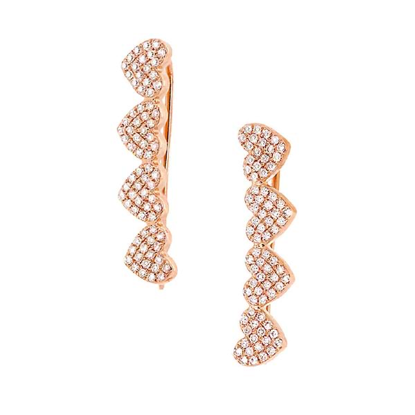 0.34ct 14k Rose Gold Diamond Pave Hearts Ear Crawler Earrings