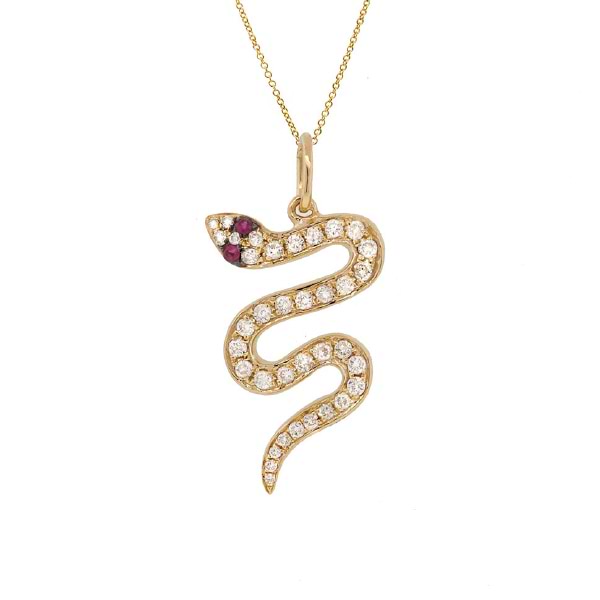 0.22ct Diamond & 0.02ct Ruby 14k Yellow Gold Snake Pendant Necklace