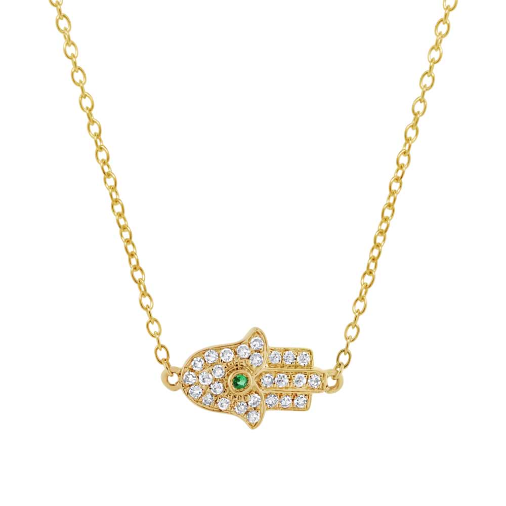 0.08ct Diamond & 0.01ct Emerald 14k Yellow Gold Hamsa Necklace
