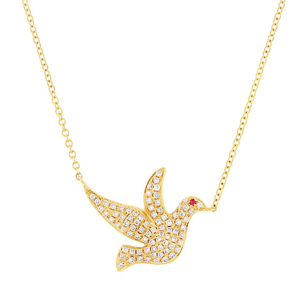 0.27ct Diamond & 0.01ct Ruby 14k Yellow Gold Dove Necklace