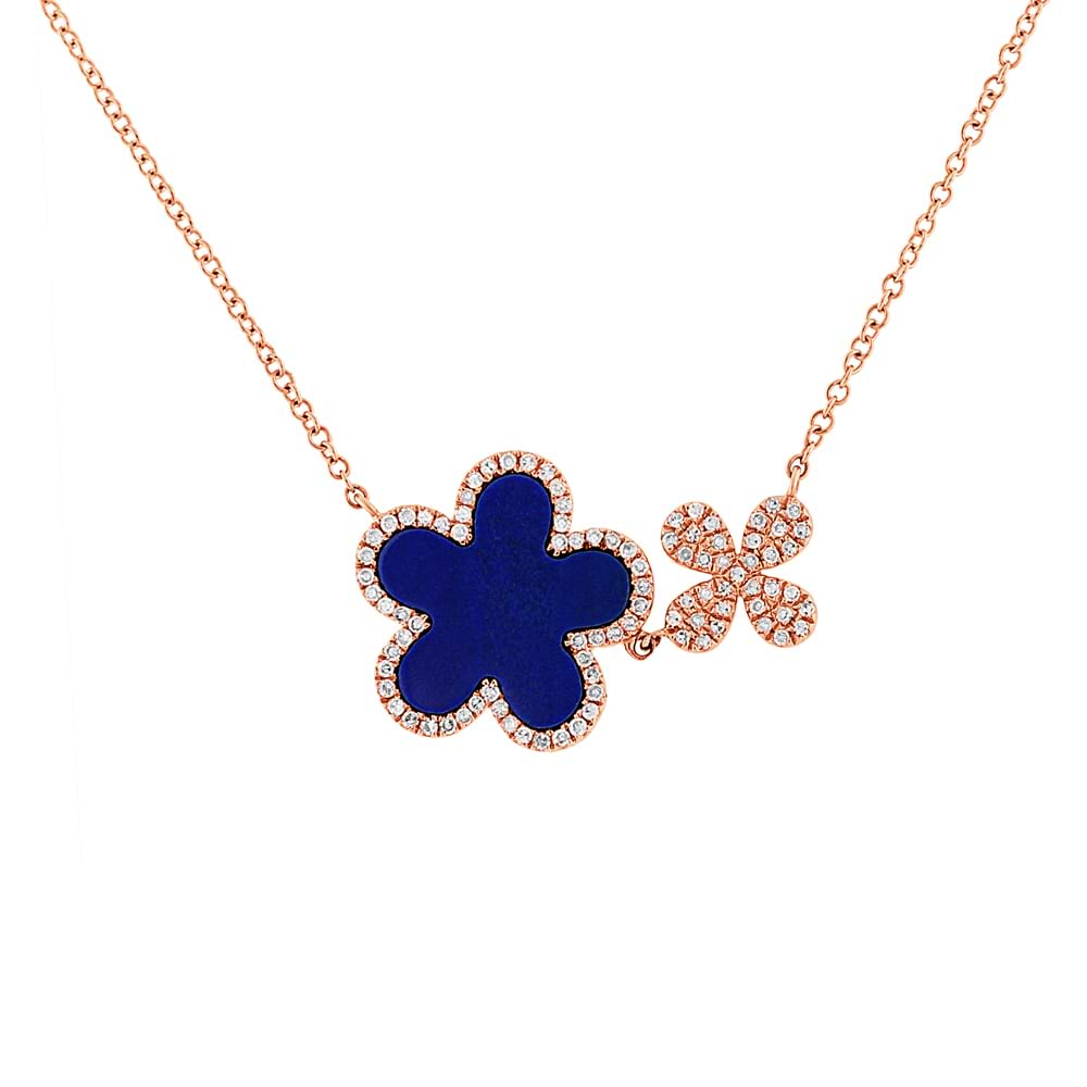 0.23ct Diamond & 1.33ct Lapis 14k Rose Gold Flower Necklace
