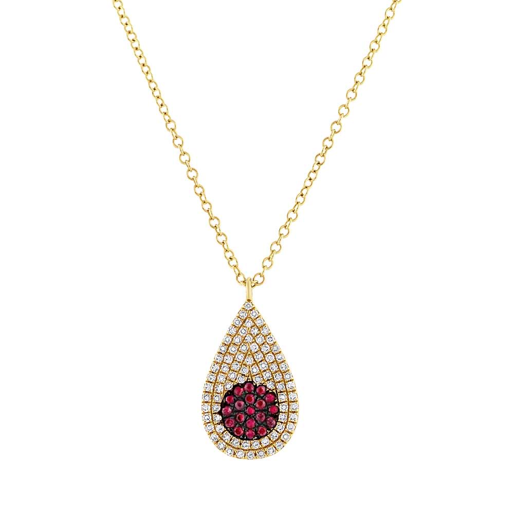 0.22ct Diamond & 0.11ct Ruby 14k Yellow Gold Pave Pendant Necklace