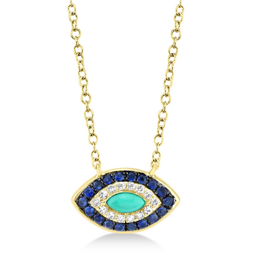 Turquoise & Diamond & Blue Sapphire Evil Eye Pendant Necklace 14k Yellow Gold (0.25ct)