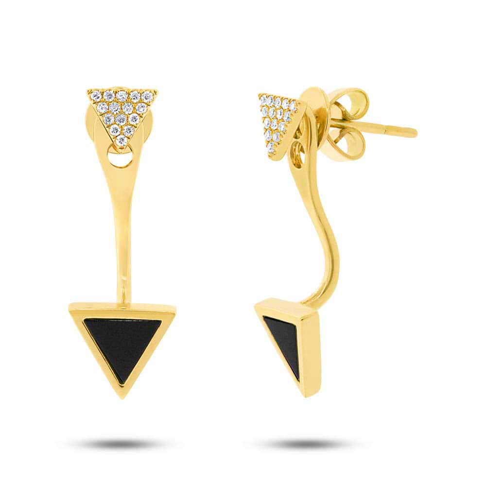 0.09ct Diamond & 0.40ct Onyx 14k Yellow Gold Triangle Earrings Jacket With Stud