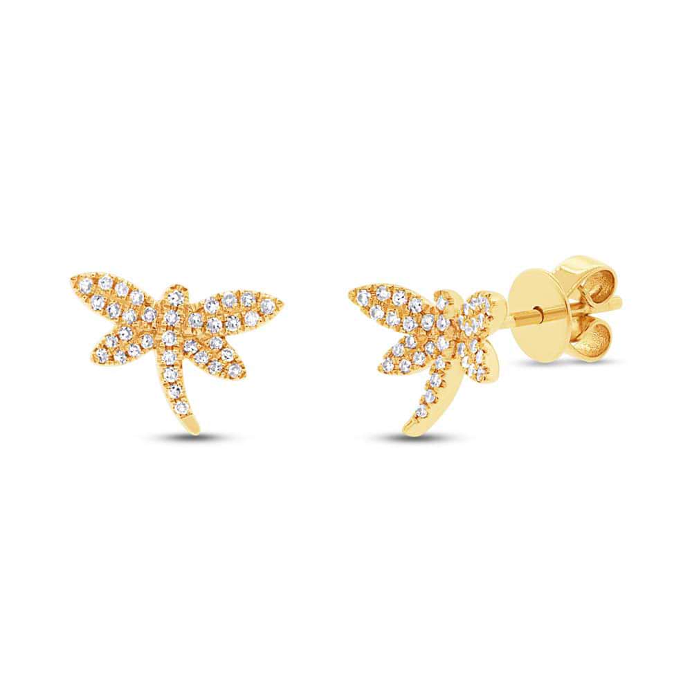 0.17ct 14k Yellow Gold Diamond Dragonfly Earrings