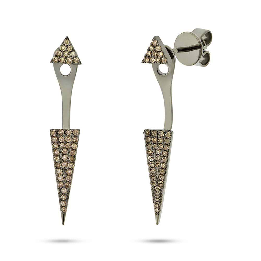 14k Black Rhodium Gold Champagne Diamond Pave Triangle Ear Jacket Earrings With Studs