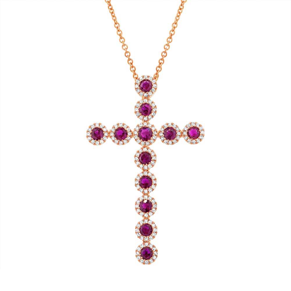 0.45ct Diamond & 1.03ct Ruby 14k Rose Gold Diamond Cross Pendant Necklace