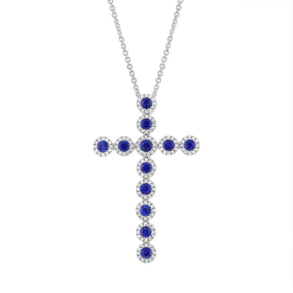 0.45ct Diamond & 1.03ct Blue Sapphire 14k White Gold Diamond Cross Pendant Necklace