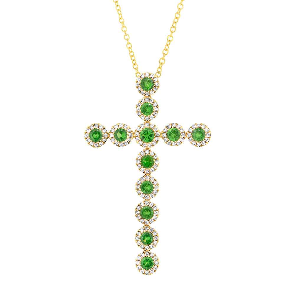 0.45ct Diamond & 1.14ct Green Garnet 14k Yellow Gold Cross Pendant Necklace