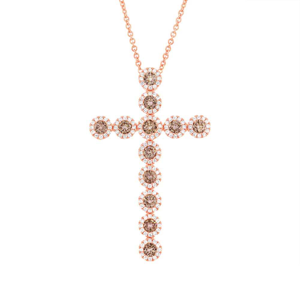1.51ct 14k Rose Gold Diamond & Champagne Cross Diamond Pendant Necklace