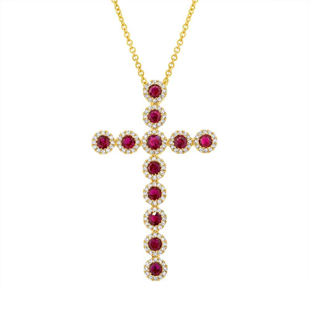 0.45ct Diamond & 1.03ct Ruby 14k Yellow Gold Diamond Cross Pendant Necklace
