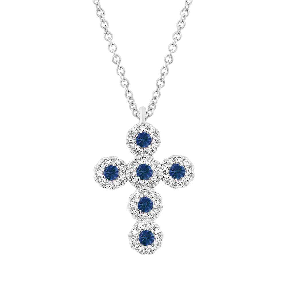 0.12ct Diamond & 0.15ct Blue Sapphire 14k White Gold Cross Necklace