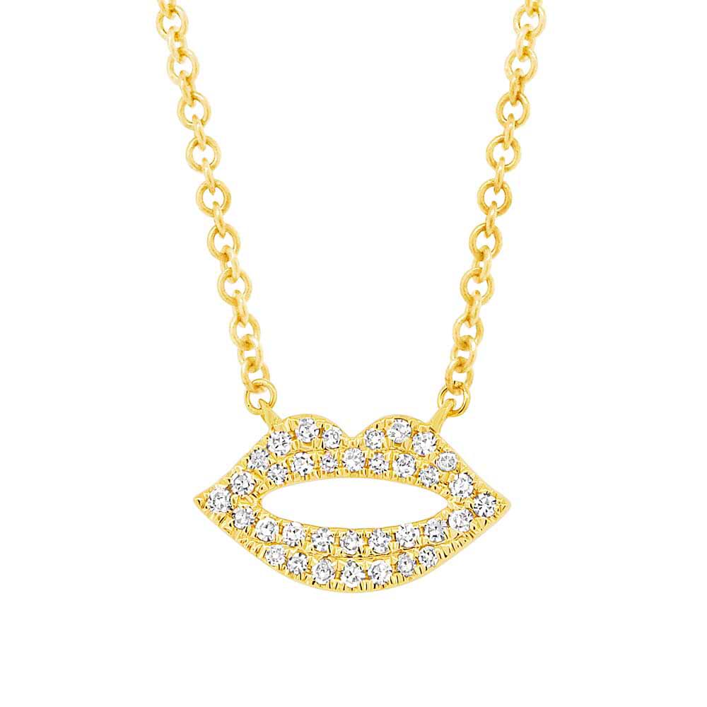 0.08ct 14k Yellow Gold Diamond Pave Lips Necklace