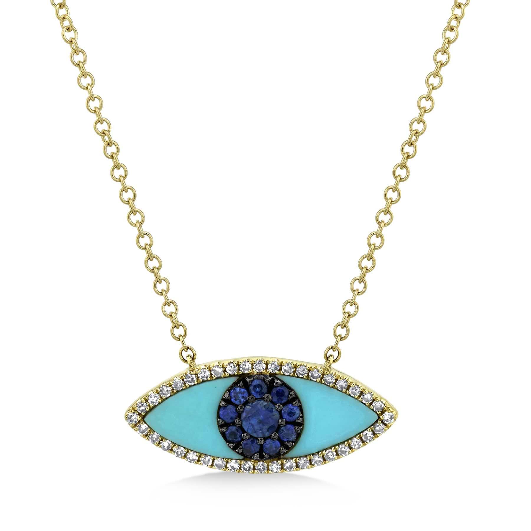Turquoise & Blue Sapphire & Diamond Evil Eye Pendant Necklace 14k Yellow Gold (0.74ct)