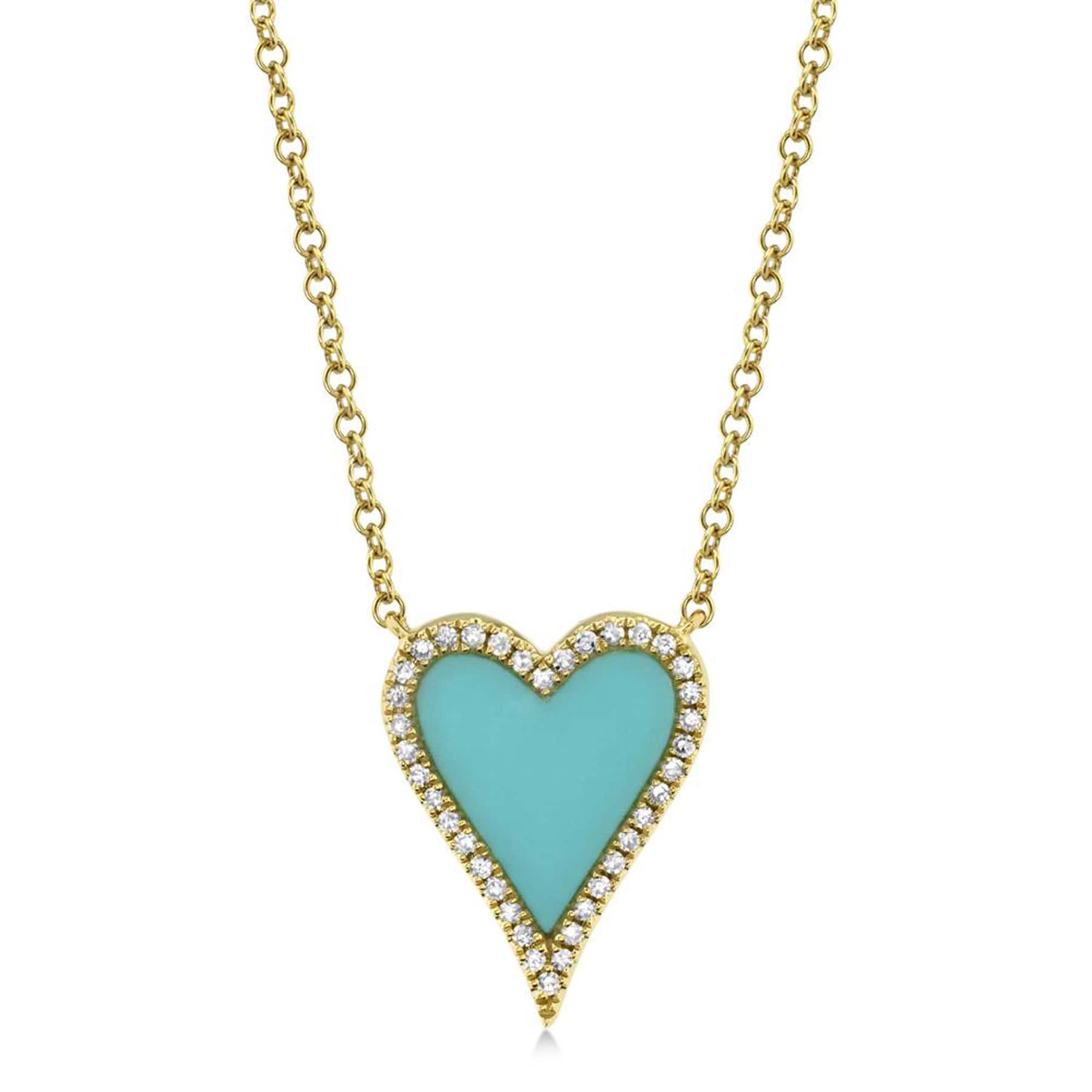 Diamond & Turquoise Heart Pendant Necklace 14K Yellow Gold (0.78ct)