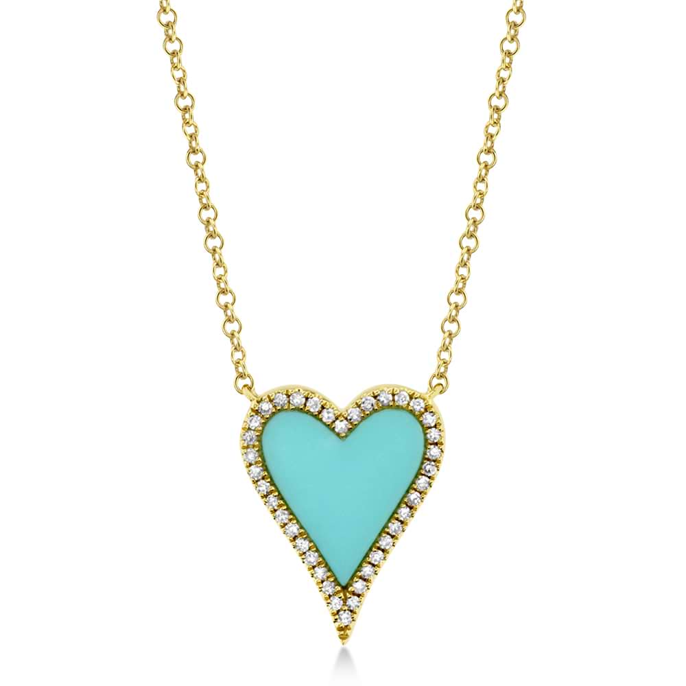 Diamond & Composite Turquoise Heart Pendant Necklace 14k Yellow Gold (0.78ct)