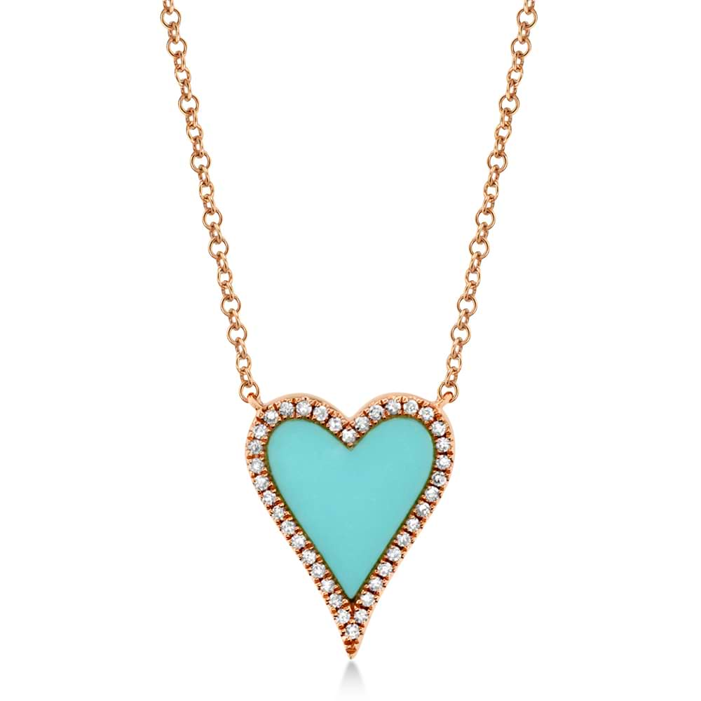 Diamond & Composite Turquoise Heart Pendant Necklace 14k Rose Gold (0.78ct)