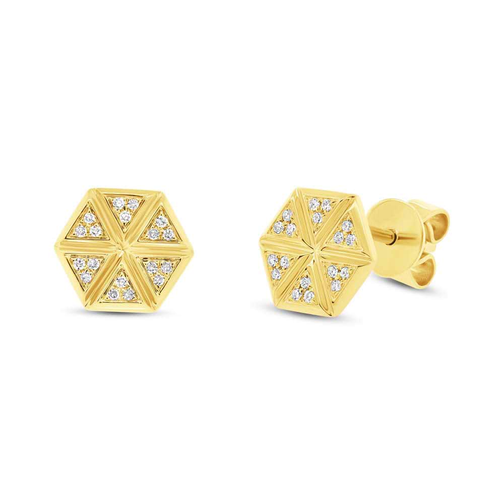 0.08ct 14k Yellow Gold Diamond Hexagon Stud Earrings
