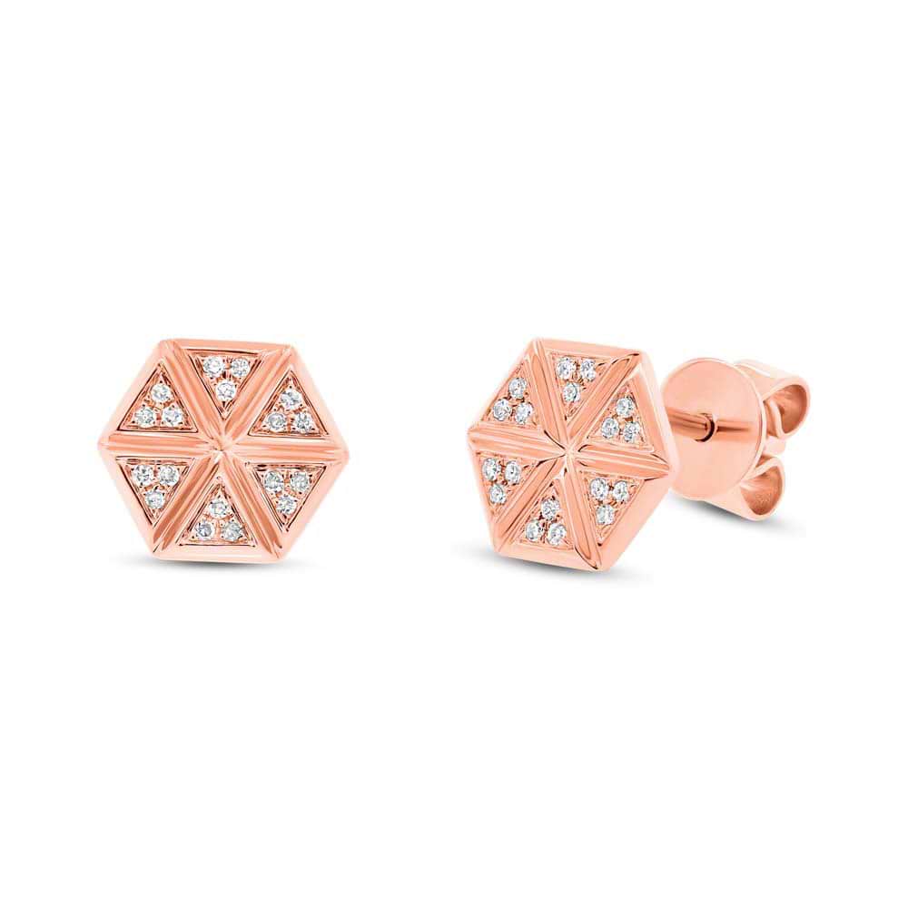 0.08ct 14k Rose Gold Diamond Hexagon Stud Earrings