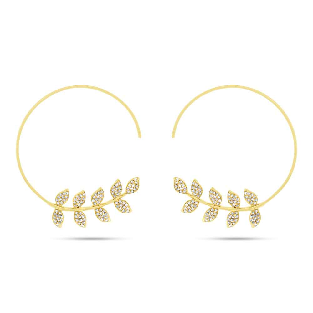 0.45ct 14k Yellow Gold Diamond Leaf Hoop Earrings