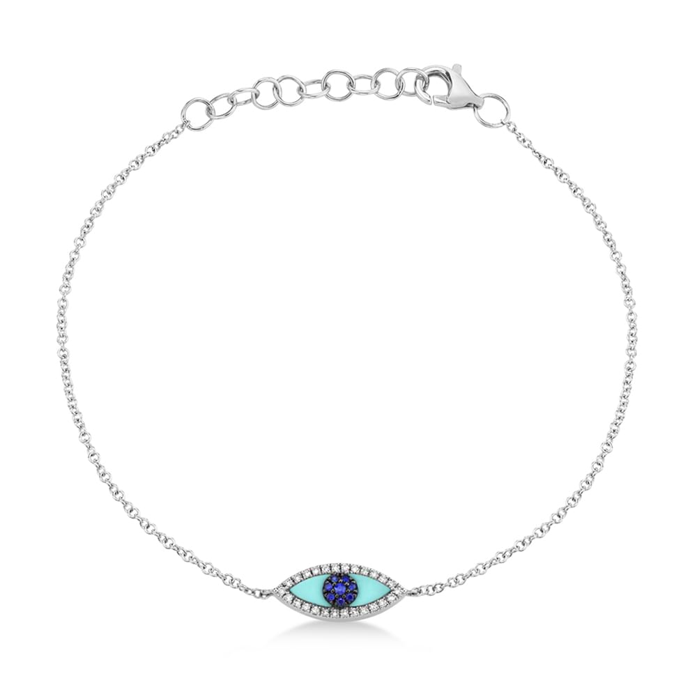 Turquoise & Diamond & Blue Sapphire Evil Eye Bracelet 14k White Gold (0.26ct)